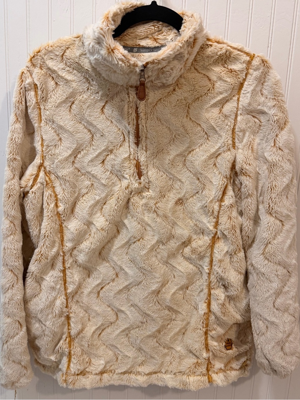 Simply Southern Cream Faux Fur Pullover with Tan Accents
